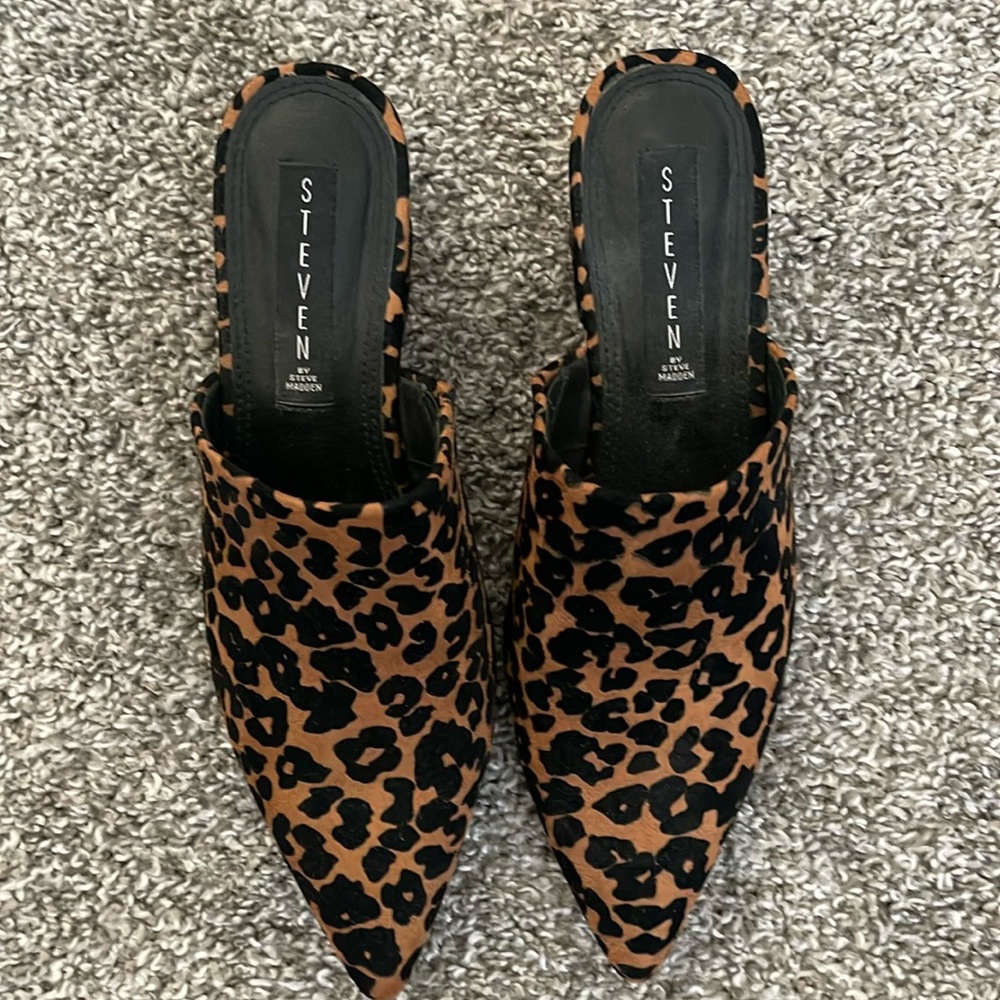 Steven Madden block, healed, leopard mules